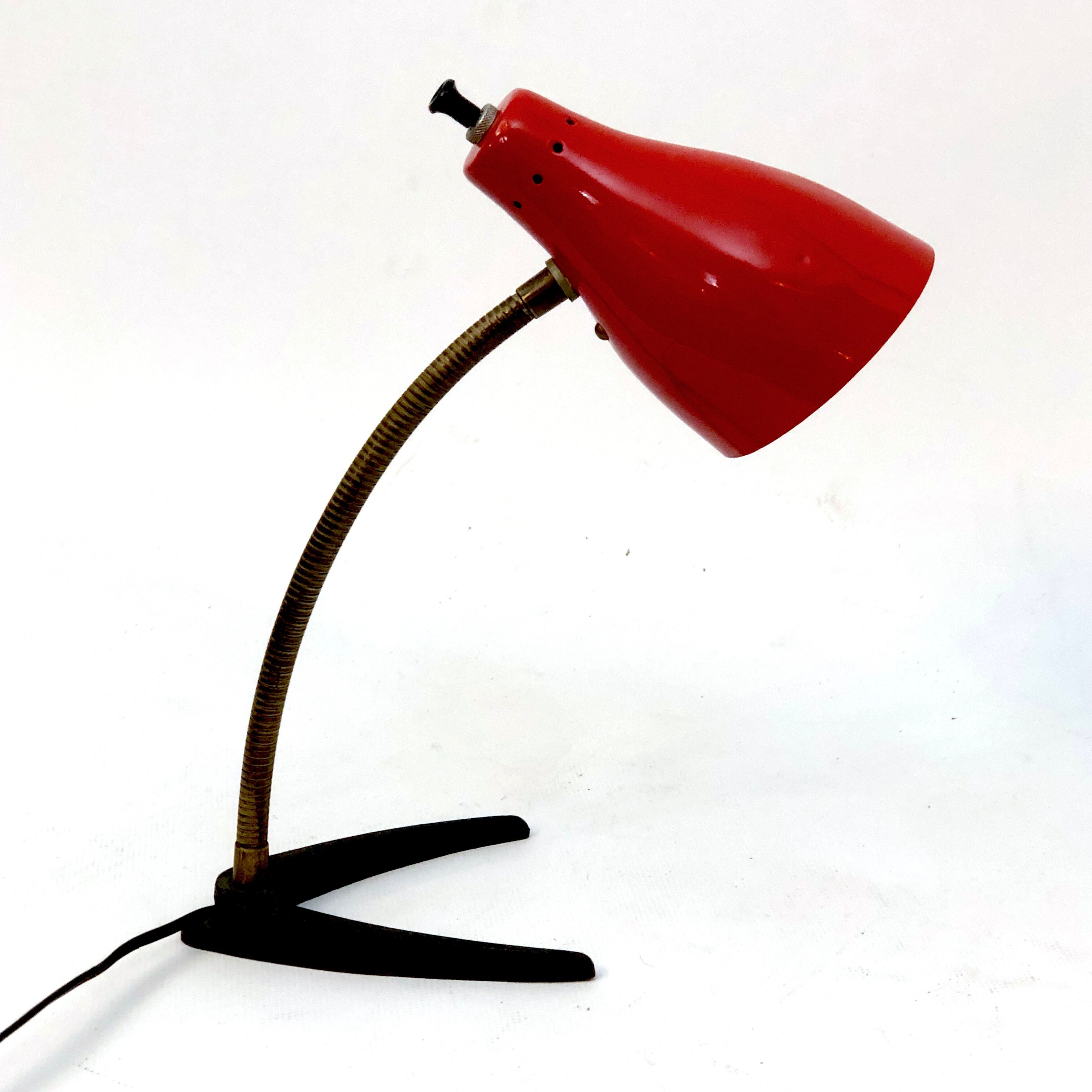Vintage Italian brass and red lacquer flexible table lamp from 50s