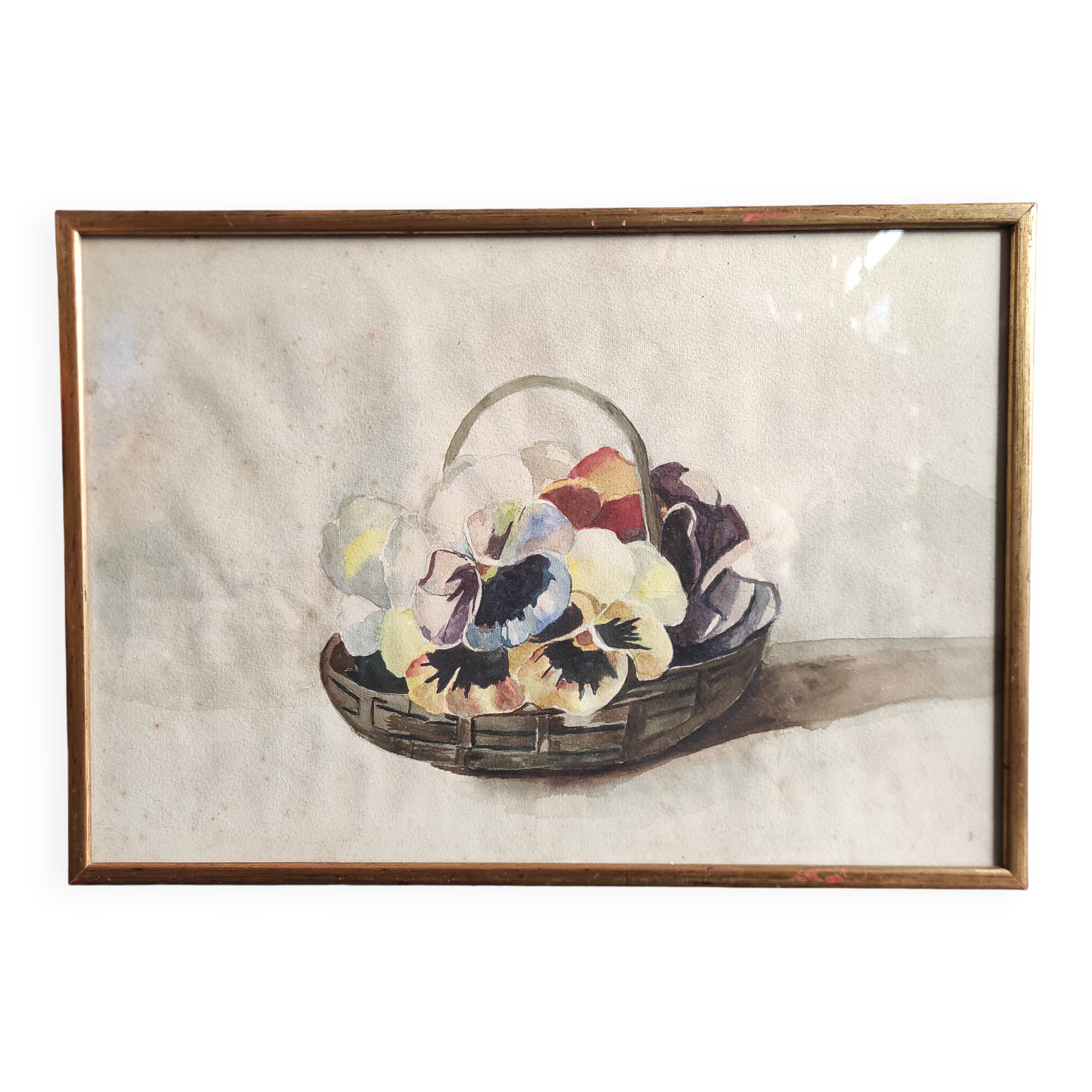 Vintage French watercolour with a basket  full of pansies