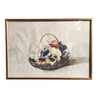 Vintage French watercolour with a basket  full of pansies