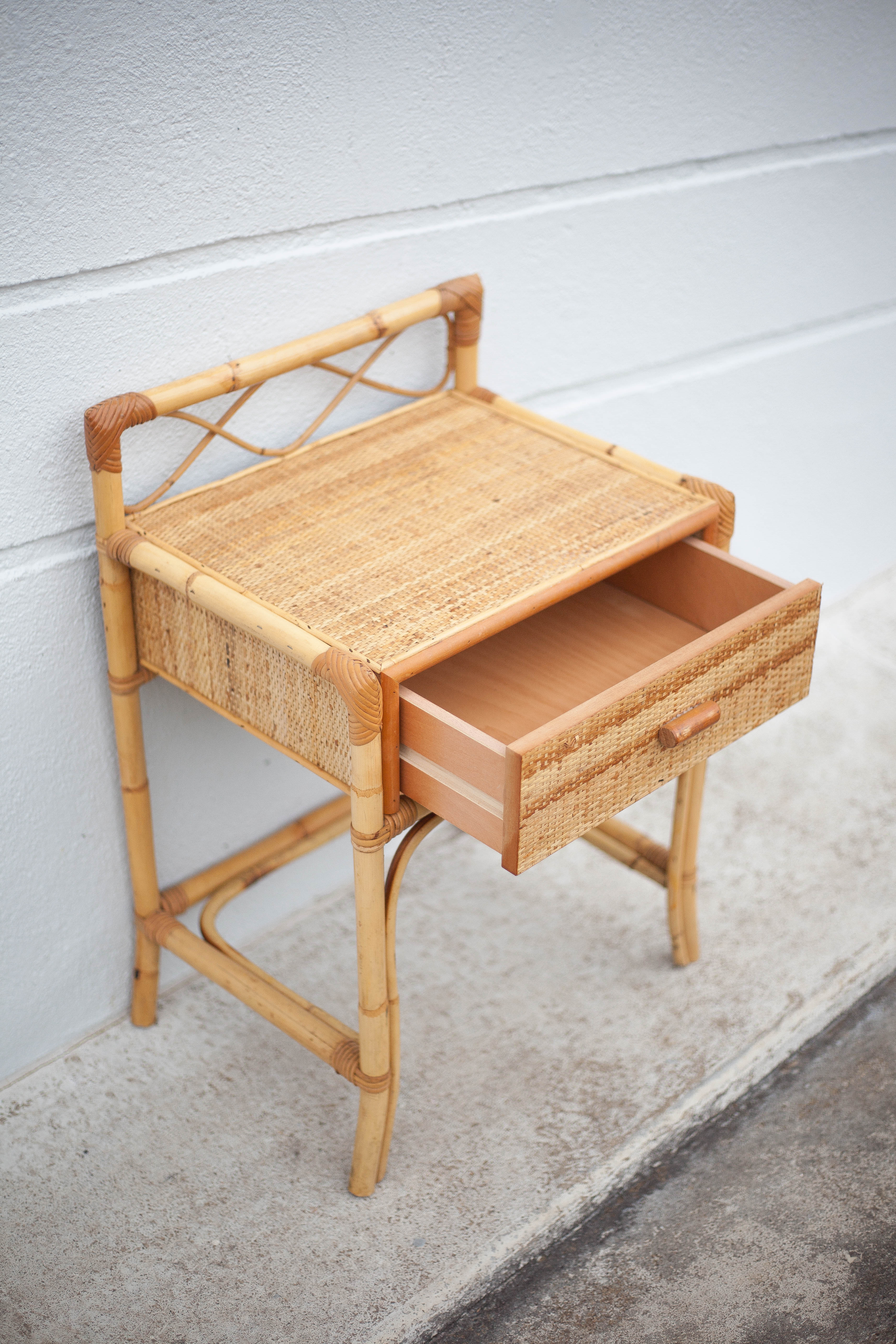 Rattan bedside table, wicker nightstand, end of sofa, interior decoration