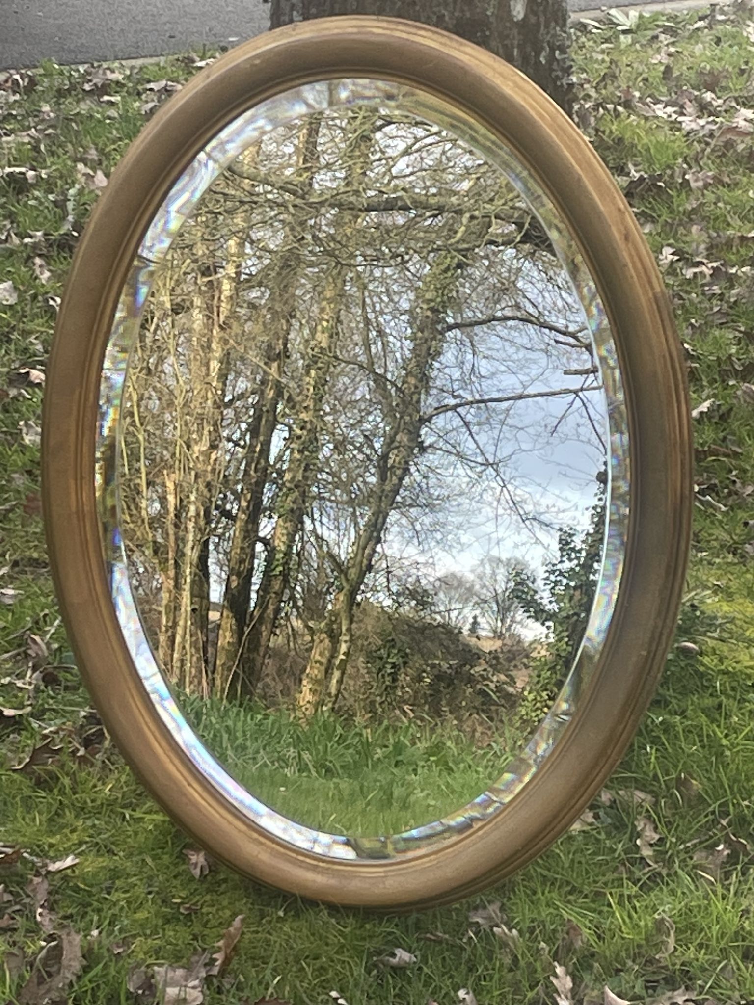 Bevelled golden oval mirror, 79 x 59 cm