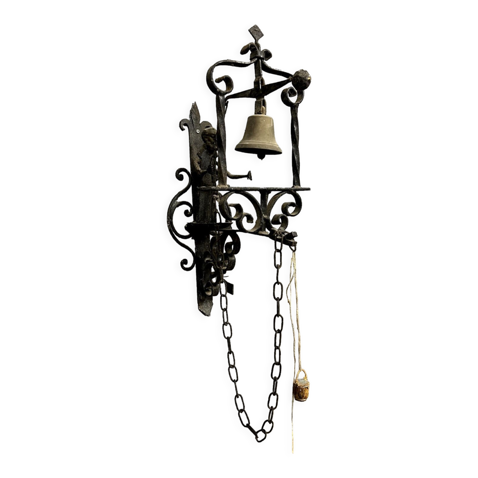 Wrought iron entrance bell depicting a monk ringing a bell circa 1900-1930