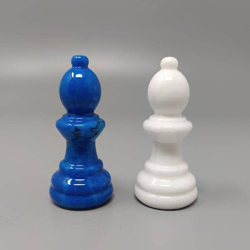 1970s gorgeous sky blue and white chess set in Volterra alabaster handmade. Made in Italy