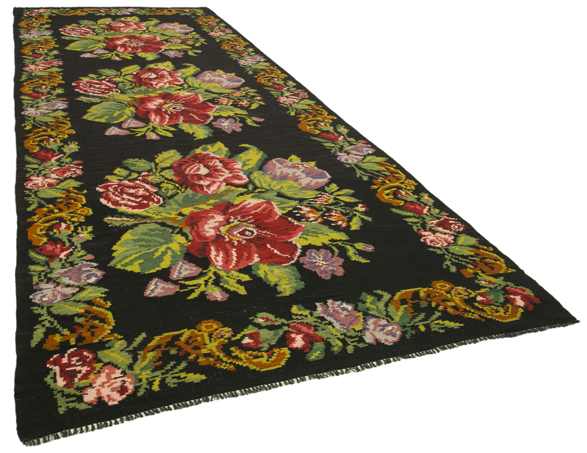 Handwoven Vintage Bessarabian Black Kilim 184 cm x 530 cm - 23392