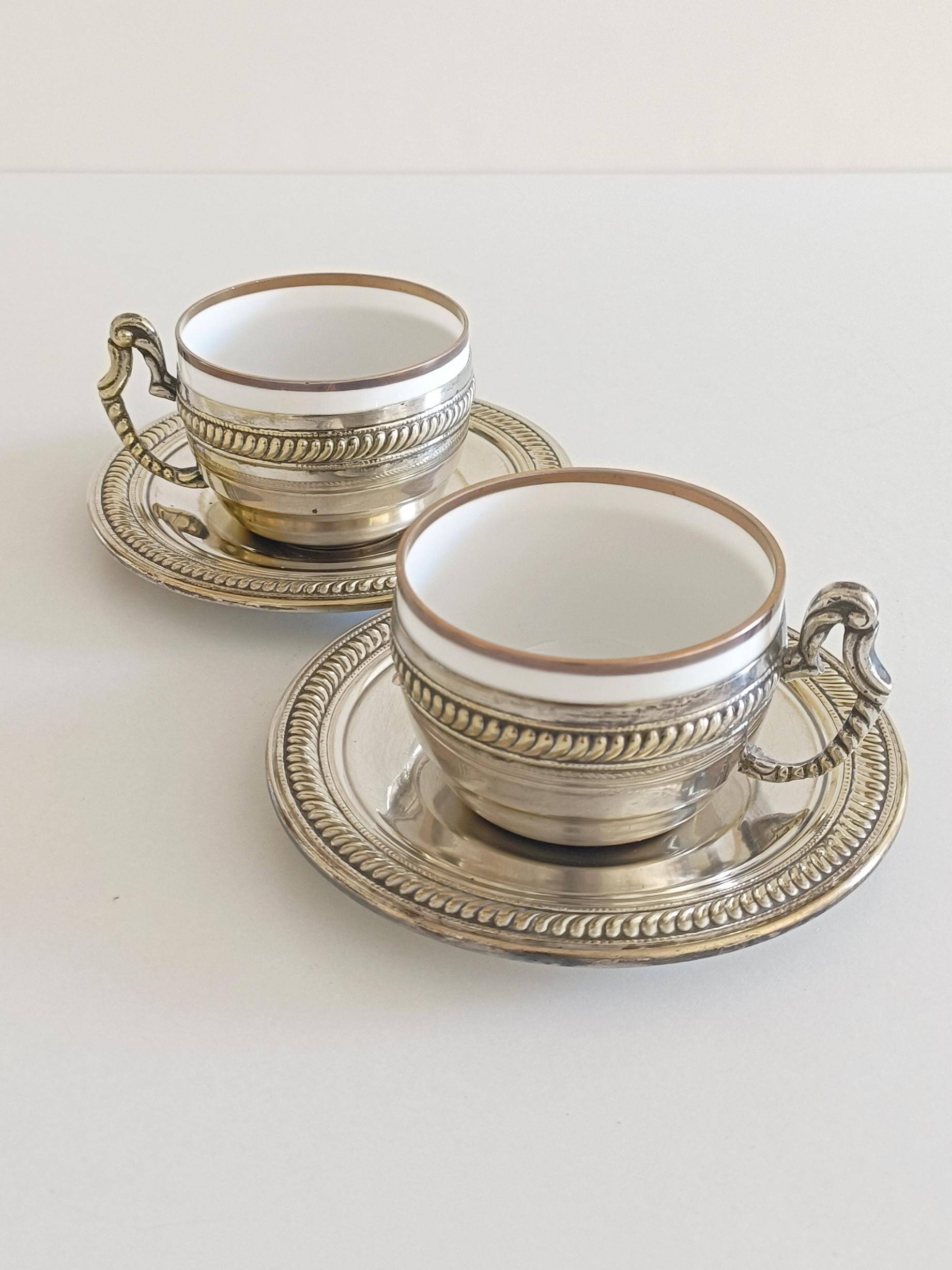 Victorian Alpaca Silver Tea or Coffee Pair of Cups and Plates, England 19th C.
