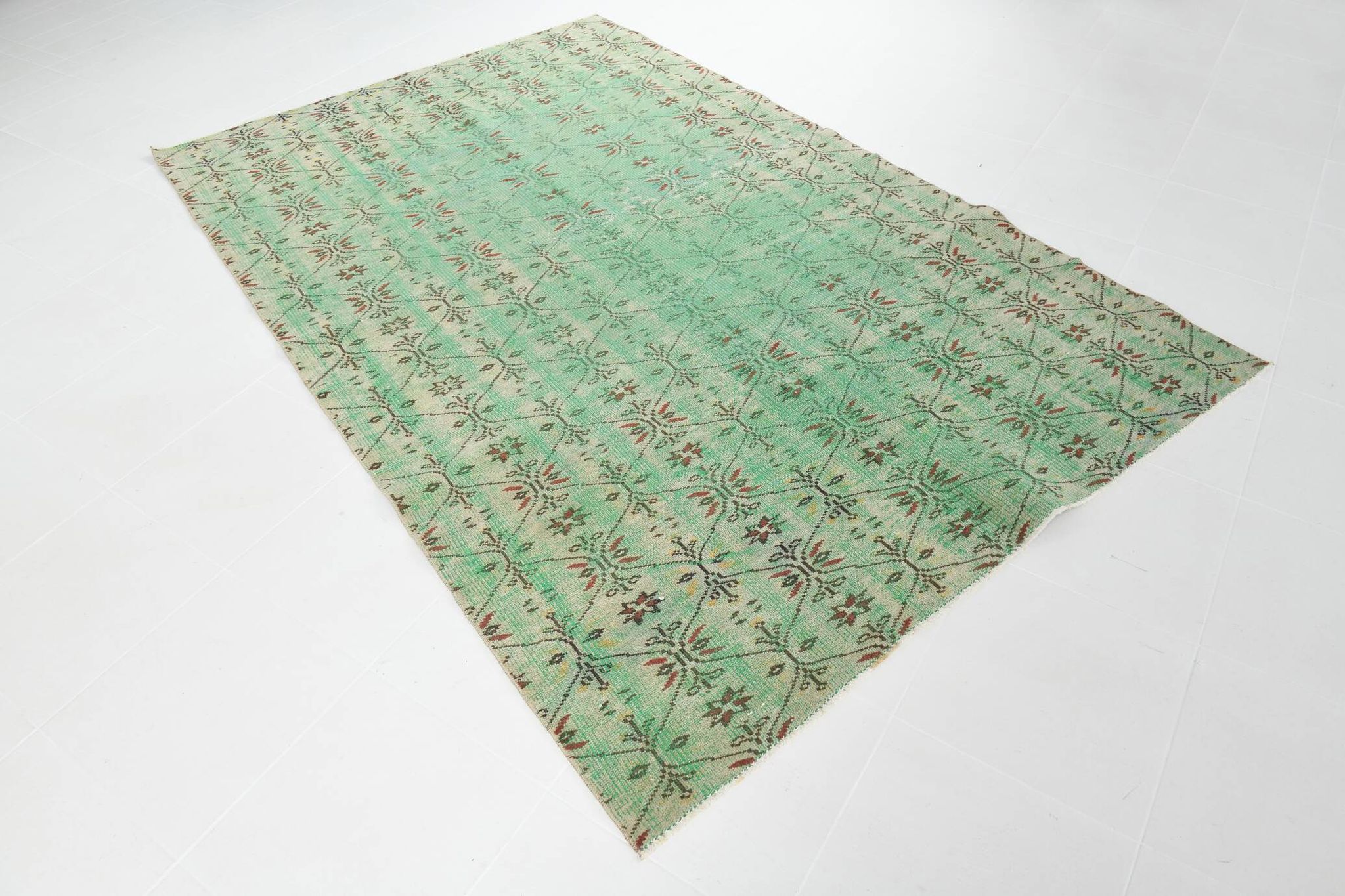 6x9 Vintage Green Geometric Pattern Anatolian Vintage Rug, 179x283 Cm