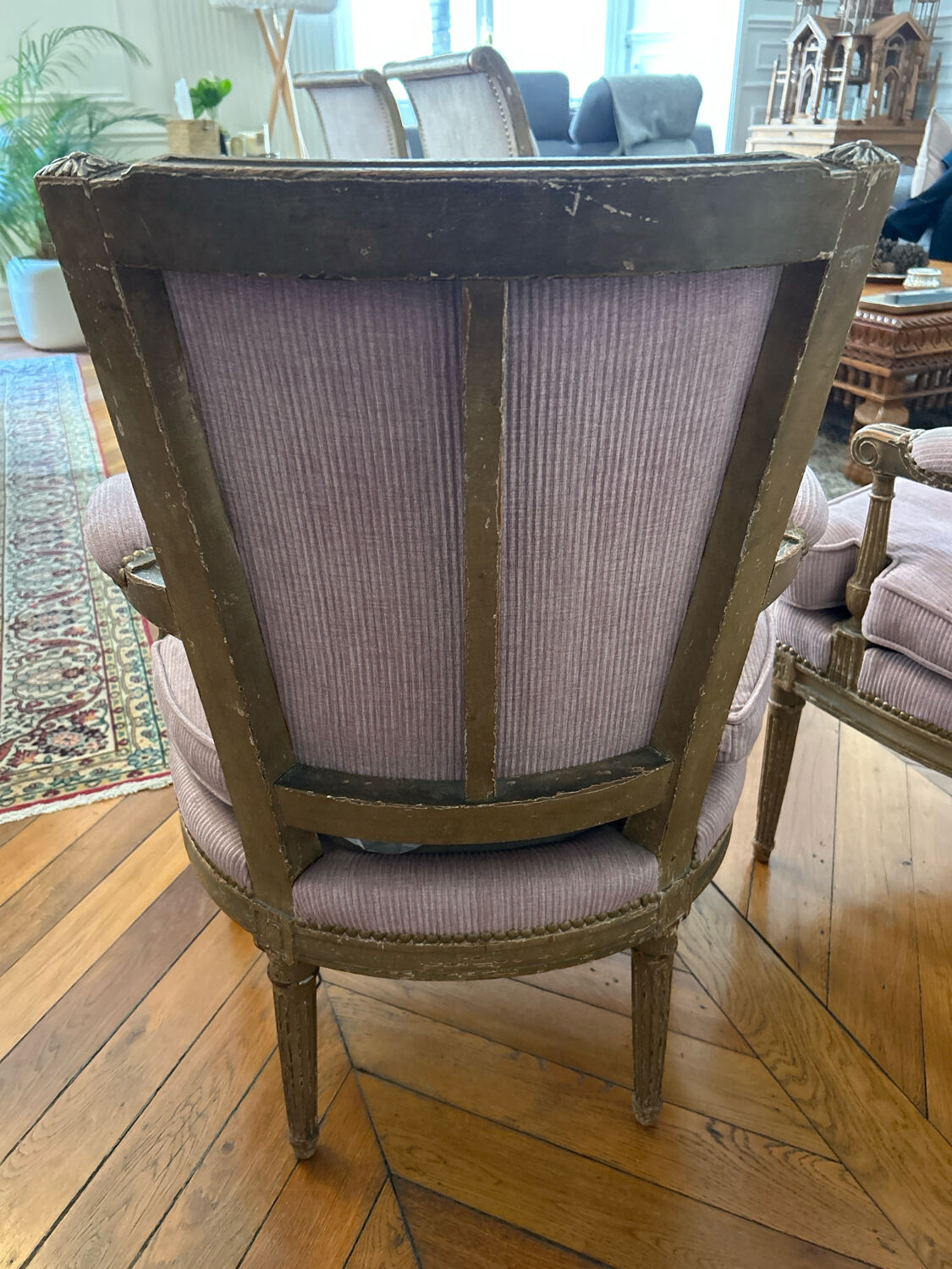 pair of antique Louis XVI style armchairs, in carved wood with a