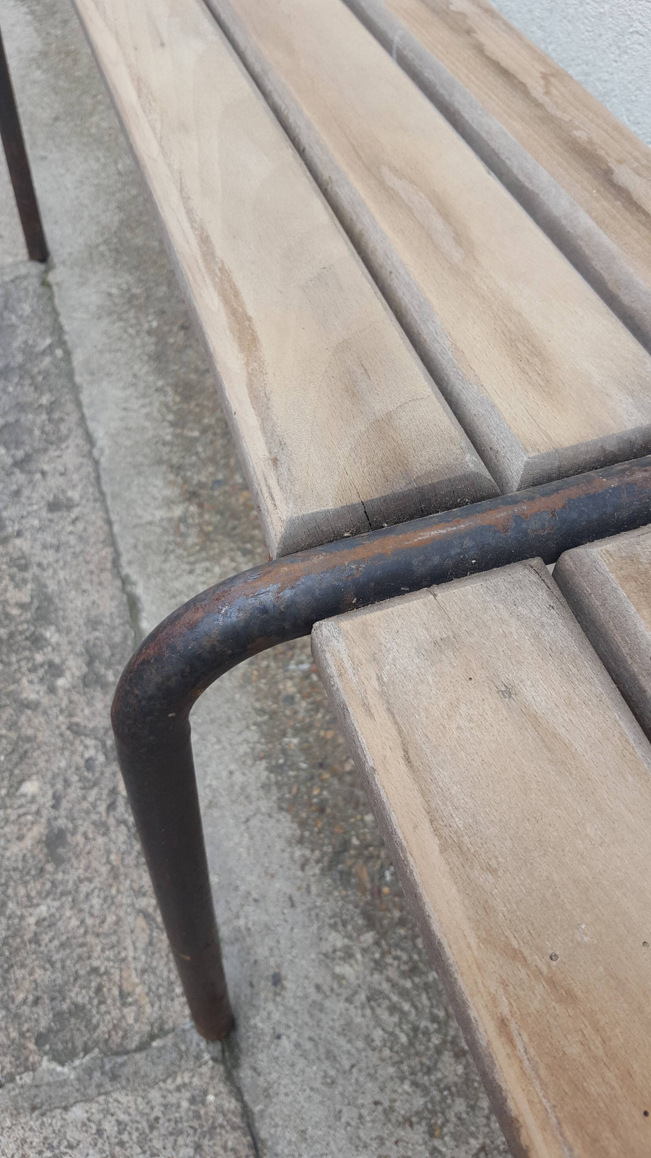 Wooden and vintage metal school bench