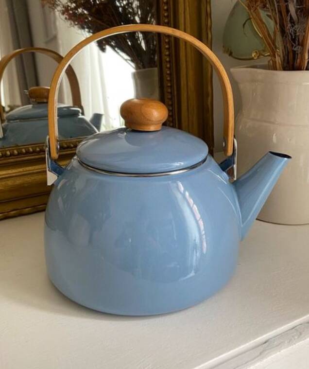 Vintage blue enamelled tin teapot with wooden handle