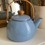 Vintage blue enamelled tin teapot with wooden handle