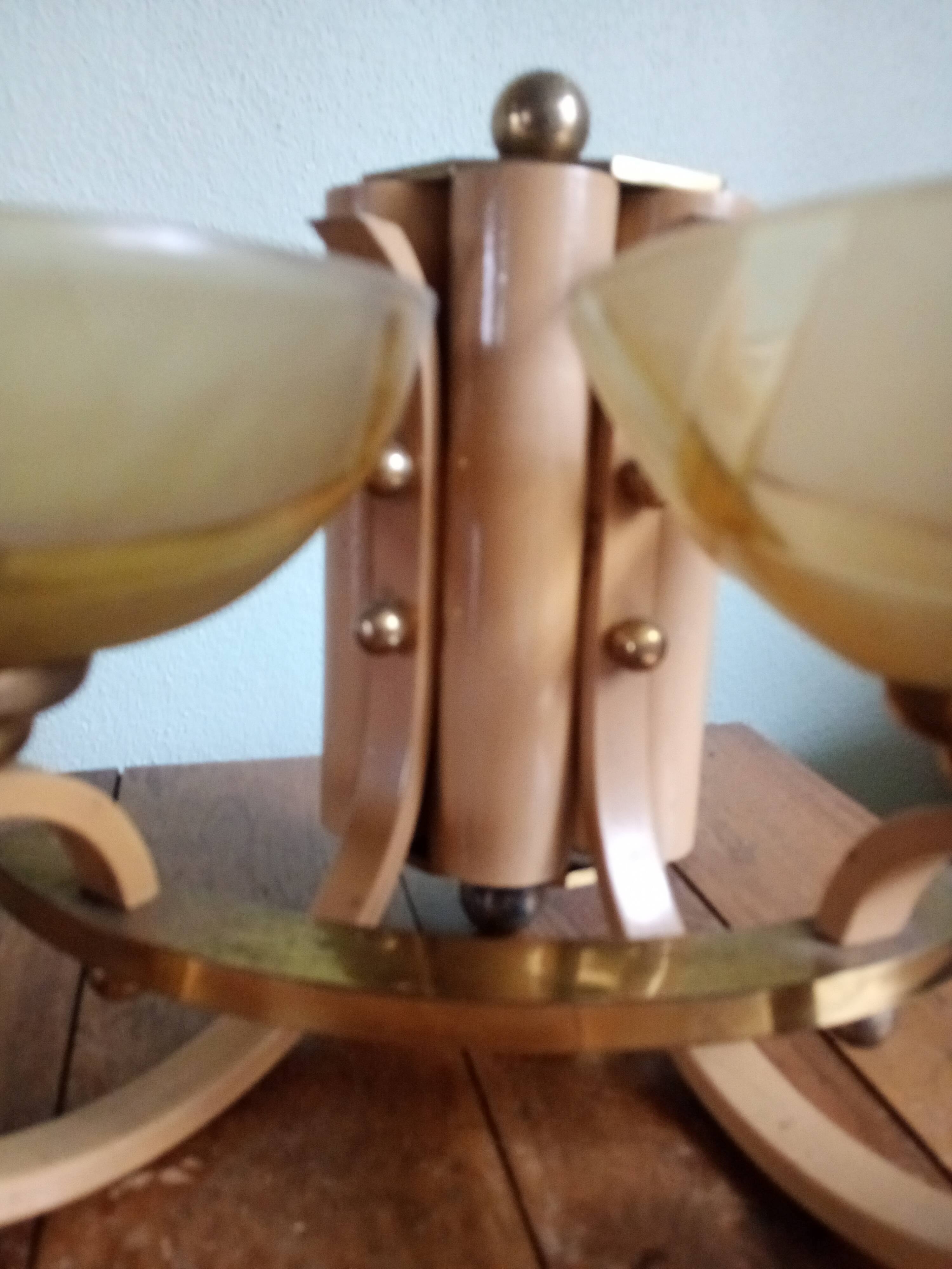 Double retro wall light - painted wood & brass - amber yellow frosted glass cups