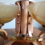 Double retro wall light - painted wood & brass - amber yellow frosted glass cups