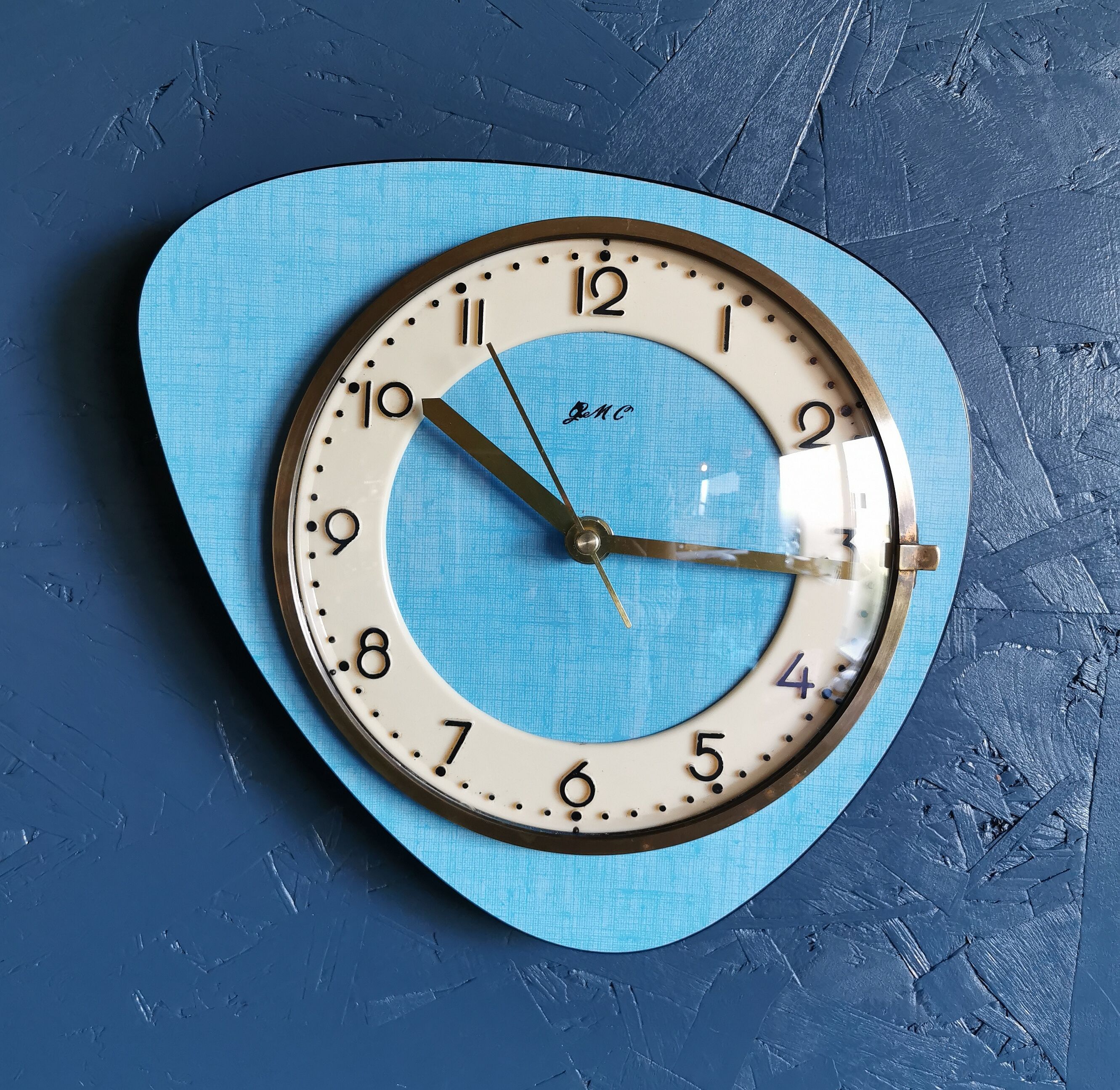 Vintage formica clock asymmetrical silent wall clock "GC celestial blue"