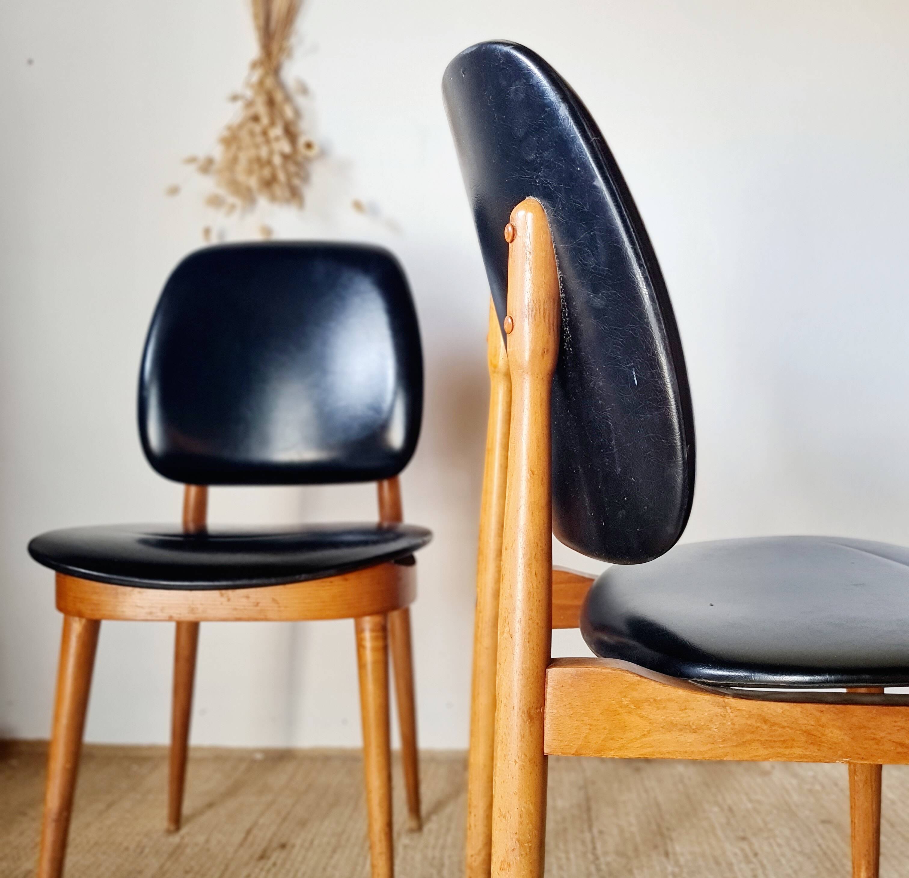 Pair of vintage 1960 chairs – Tapered legs & Black faux leather