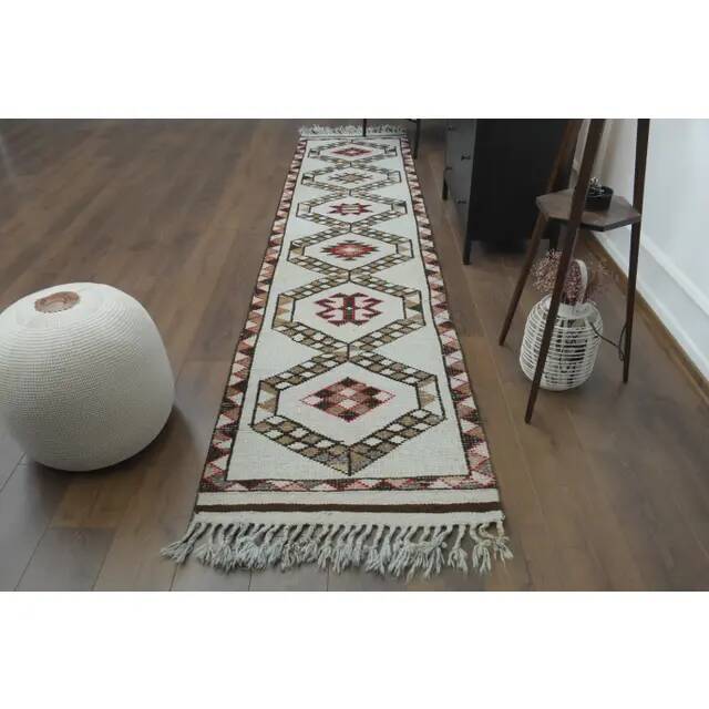 1970s Vintage Turkish Hand-Knotted Wool Cotton Beige Runner Rug 86x375