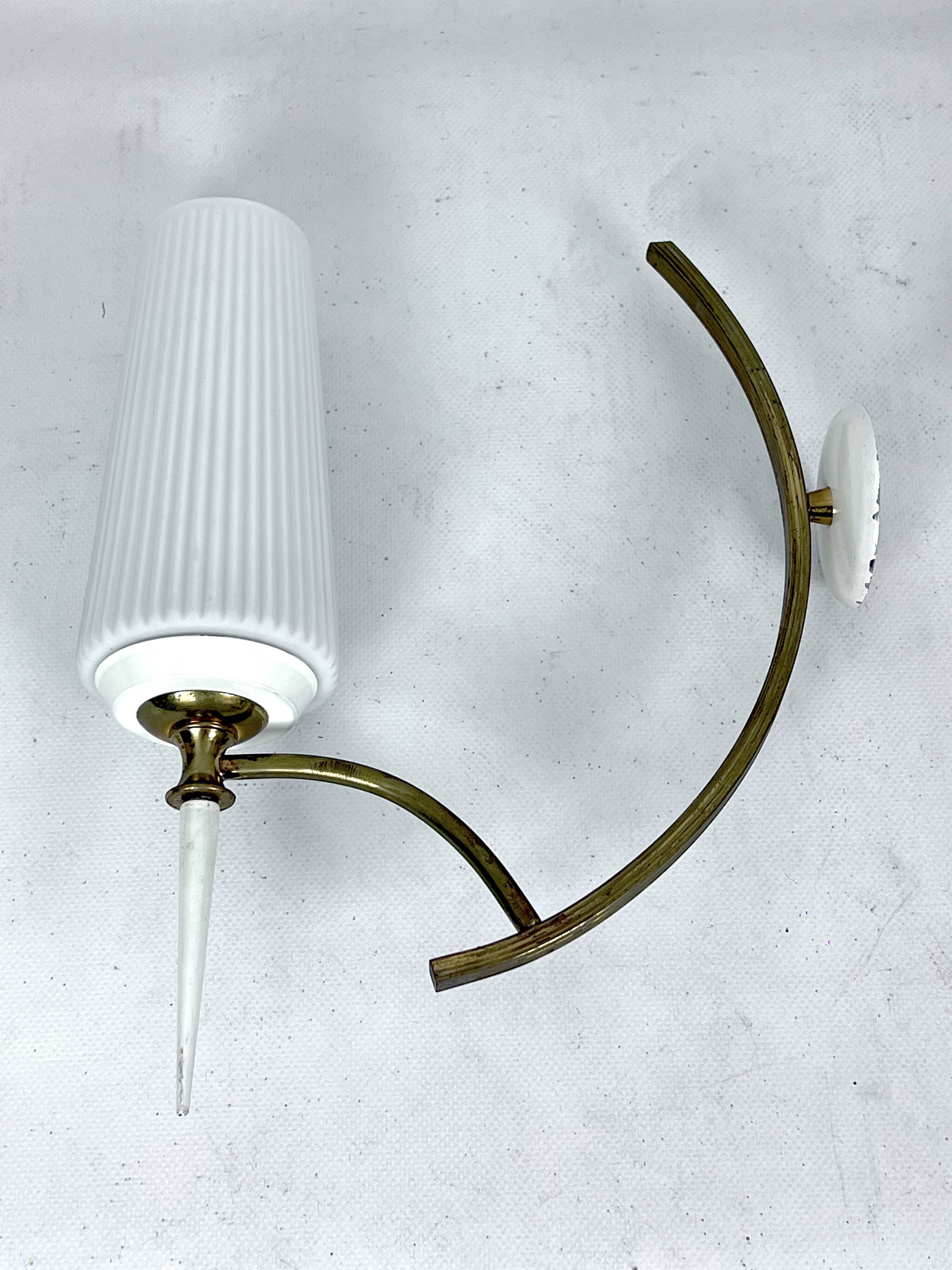 Mid-Century Italian pair of sconces in brass and opaline glass