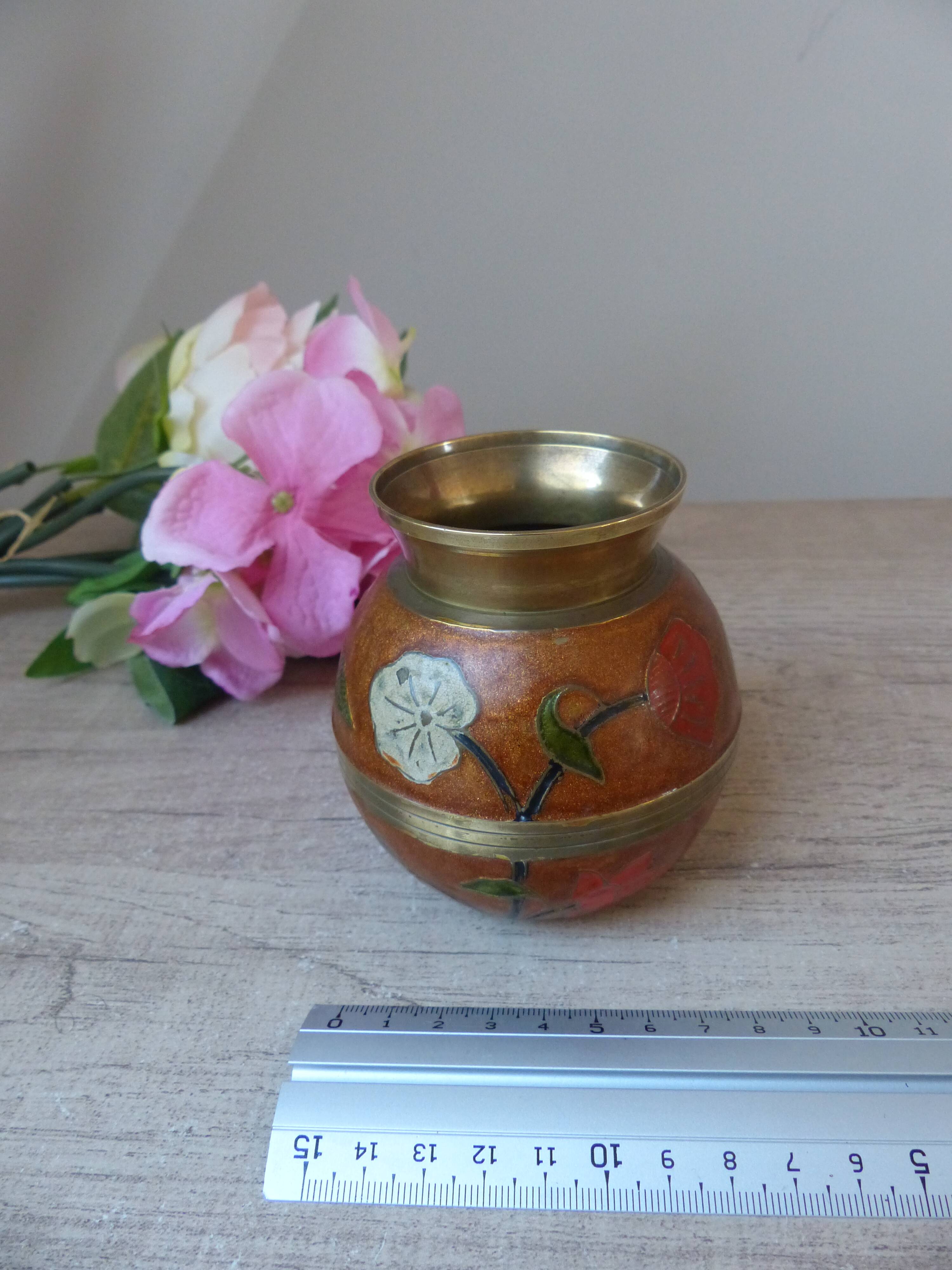 Old small brass and enamel vase with floral decoration, Small artisanal brass pot