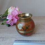 Old small brass and enamel vase with floral decoration, Small artisanal brass pot