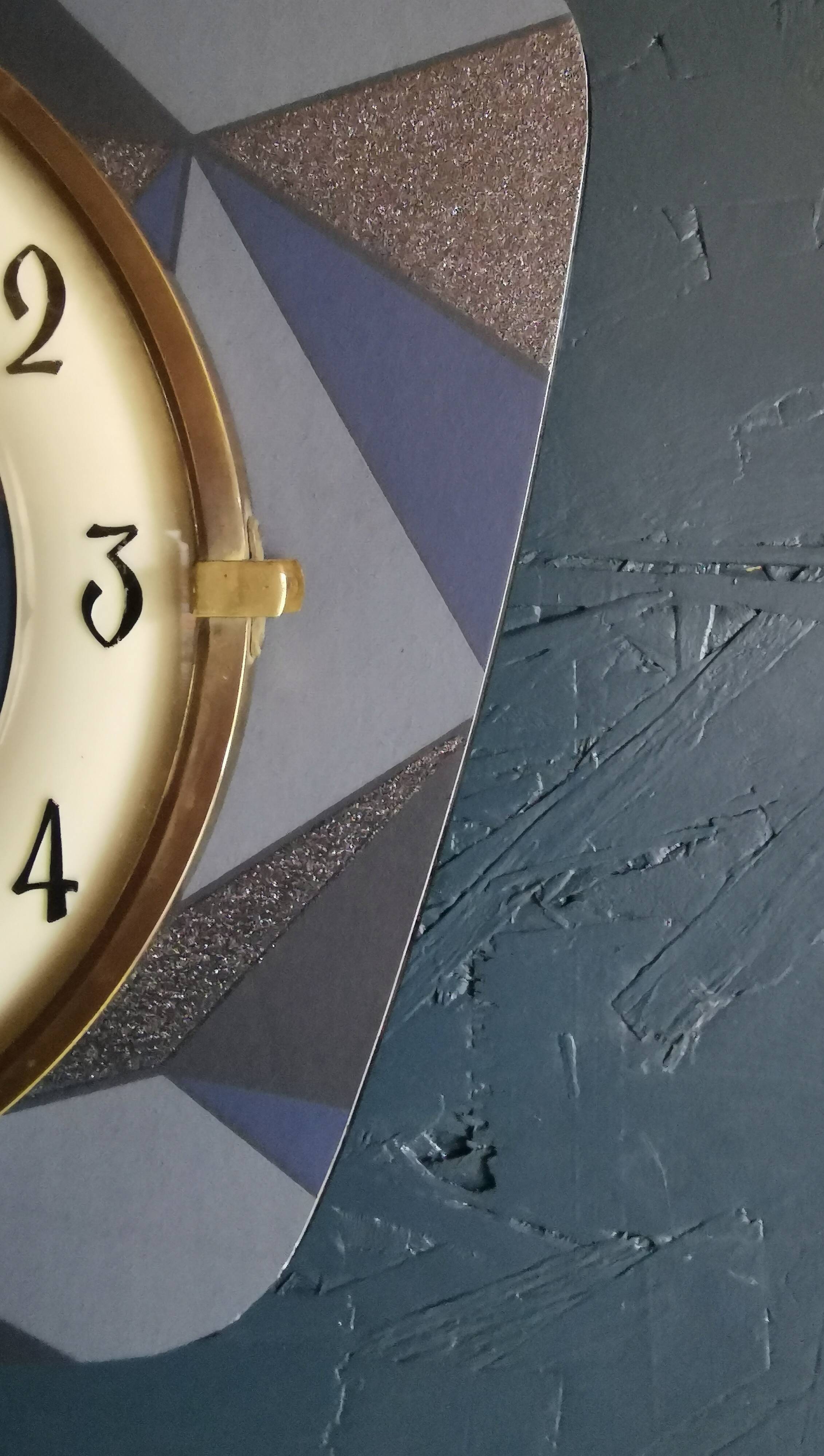 Vintage formica clock silent trapeze wall pendulum "Grey blue"