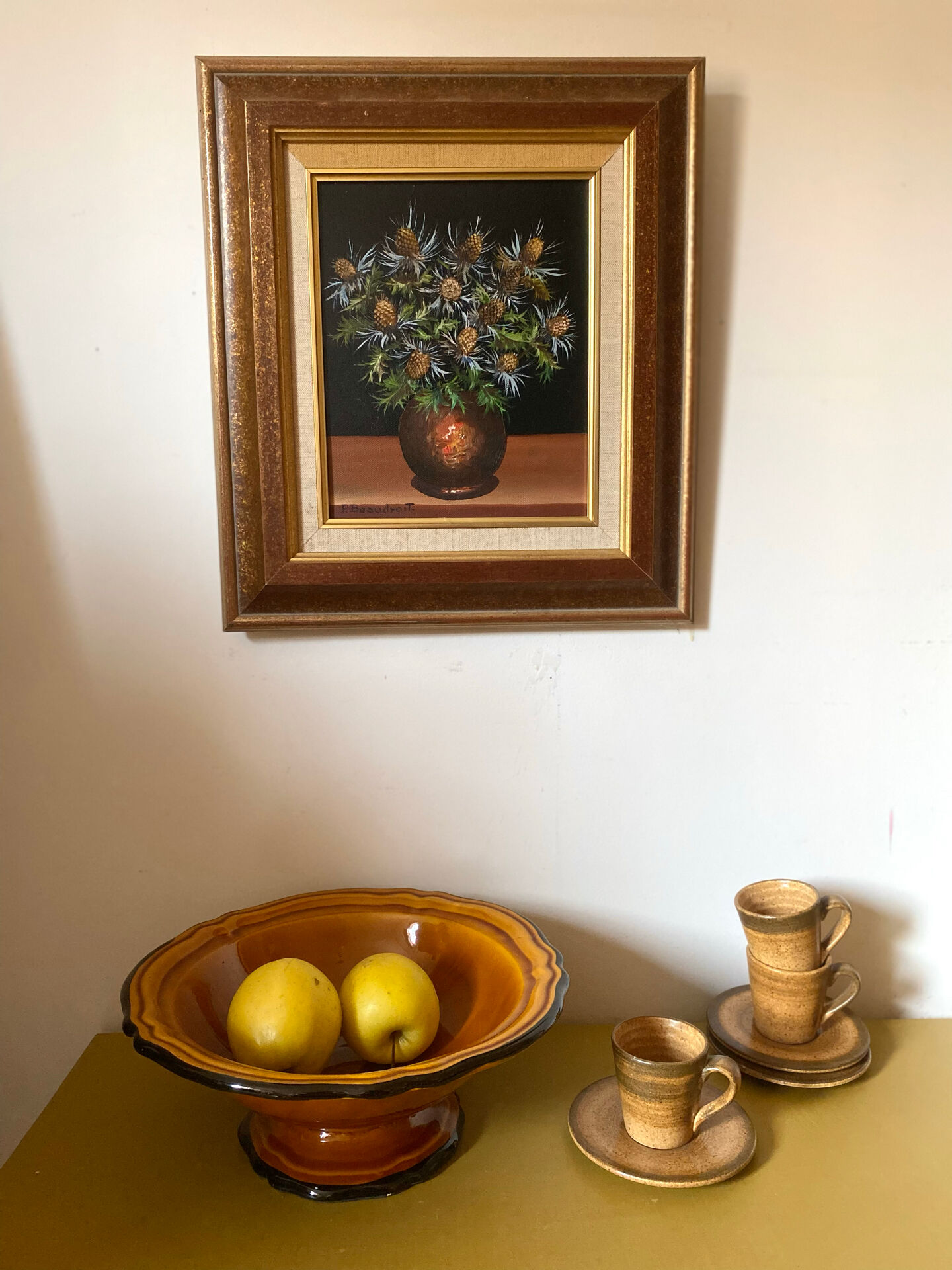 Still life with thistles, oil on canvas signed P. Beaudroit, 1992