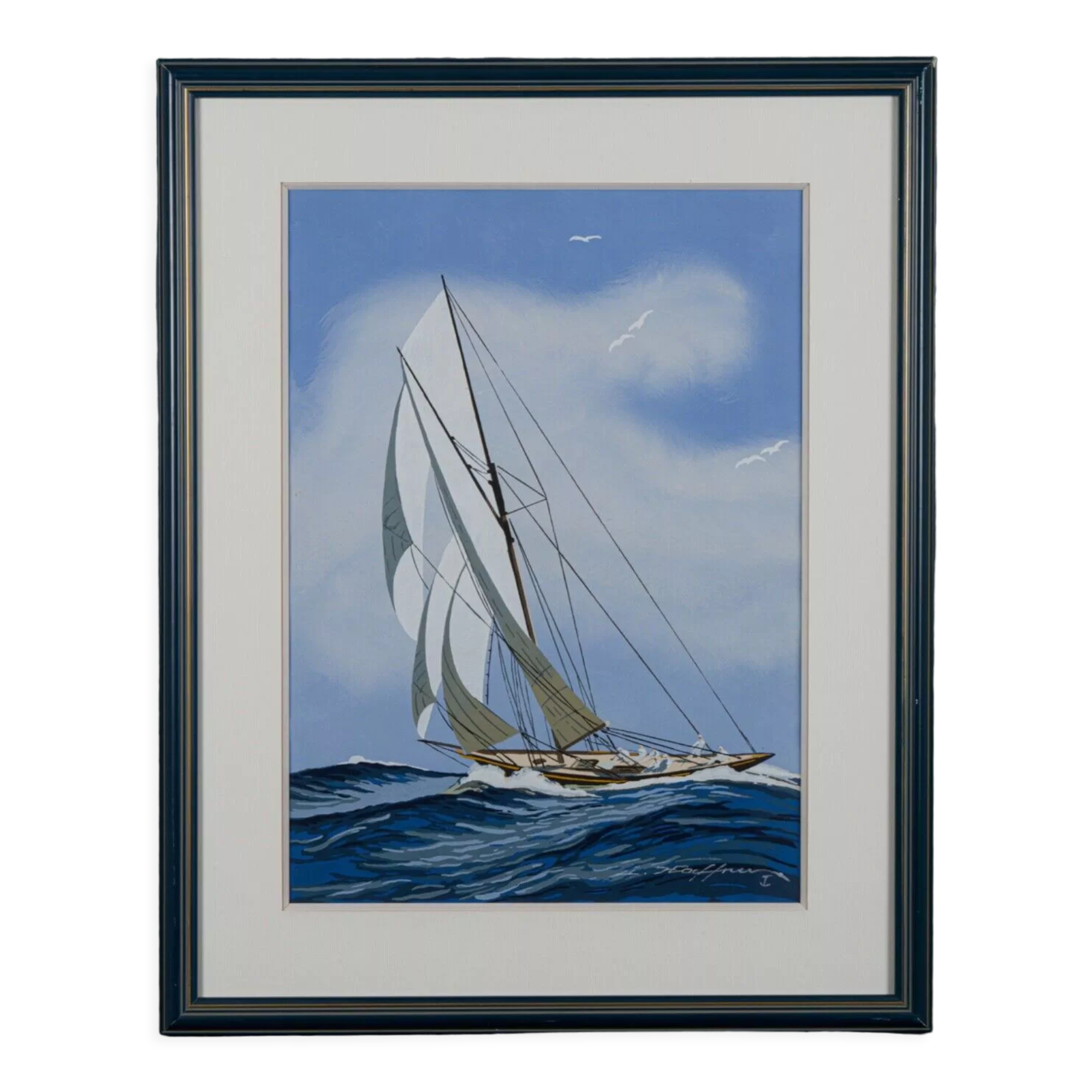 Stencil gouache by leon haffner representing a regatta boat