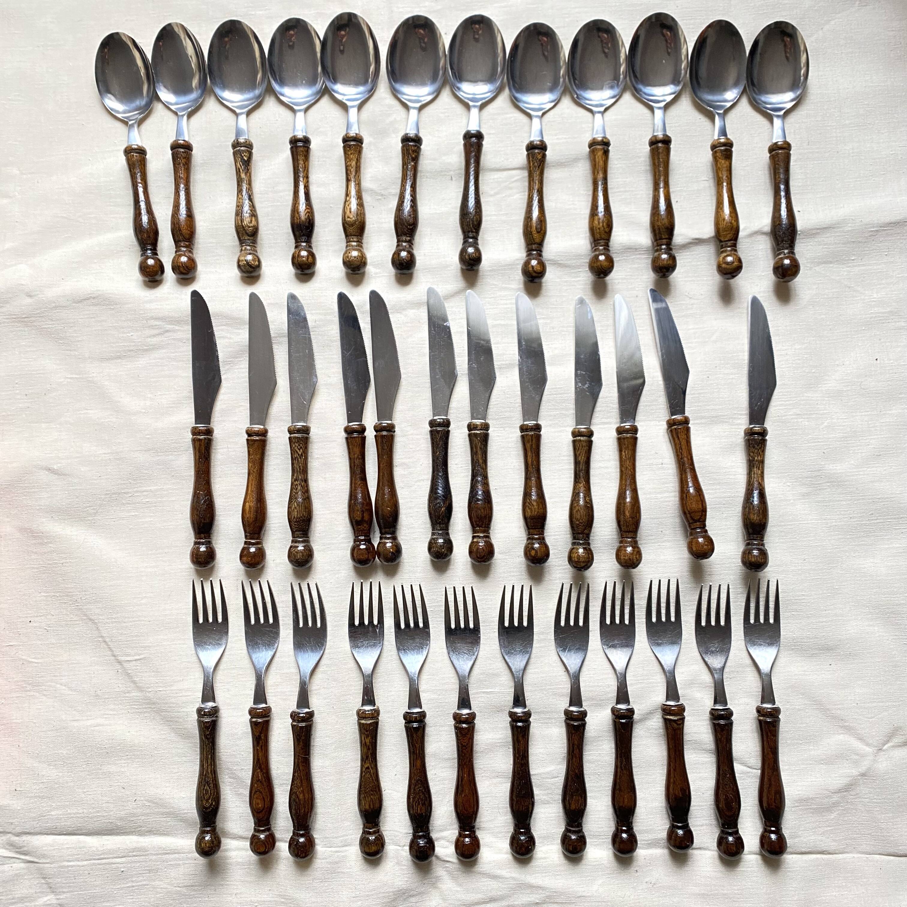 36-piece cutlery set with wooden and stainless steel handles, 1970s