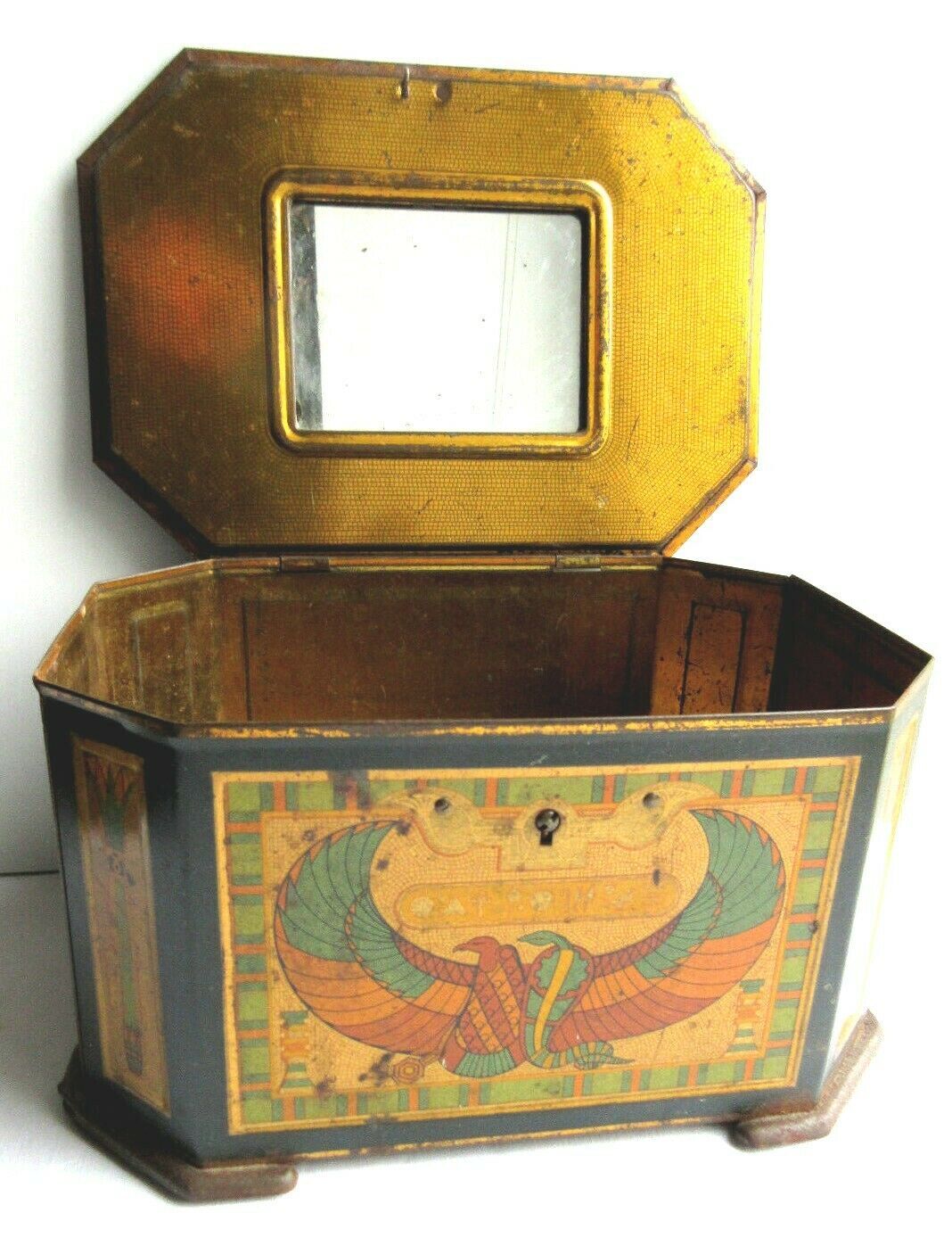 Octagonal sewing box with mirror, lithographed sheet: antique scene, 1900