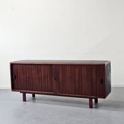 Vintage enfilade in teak and leather, 1970s.