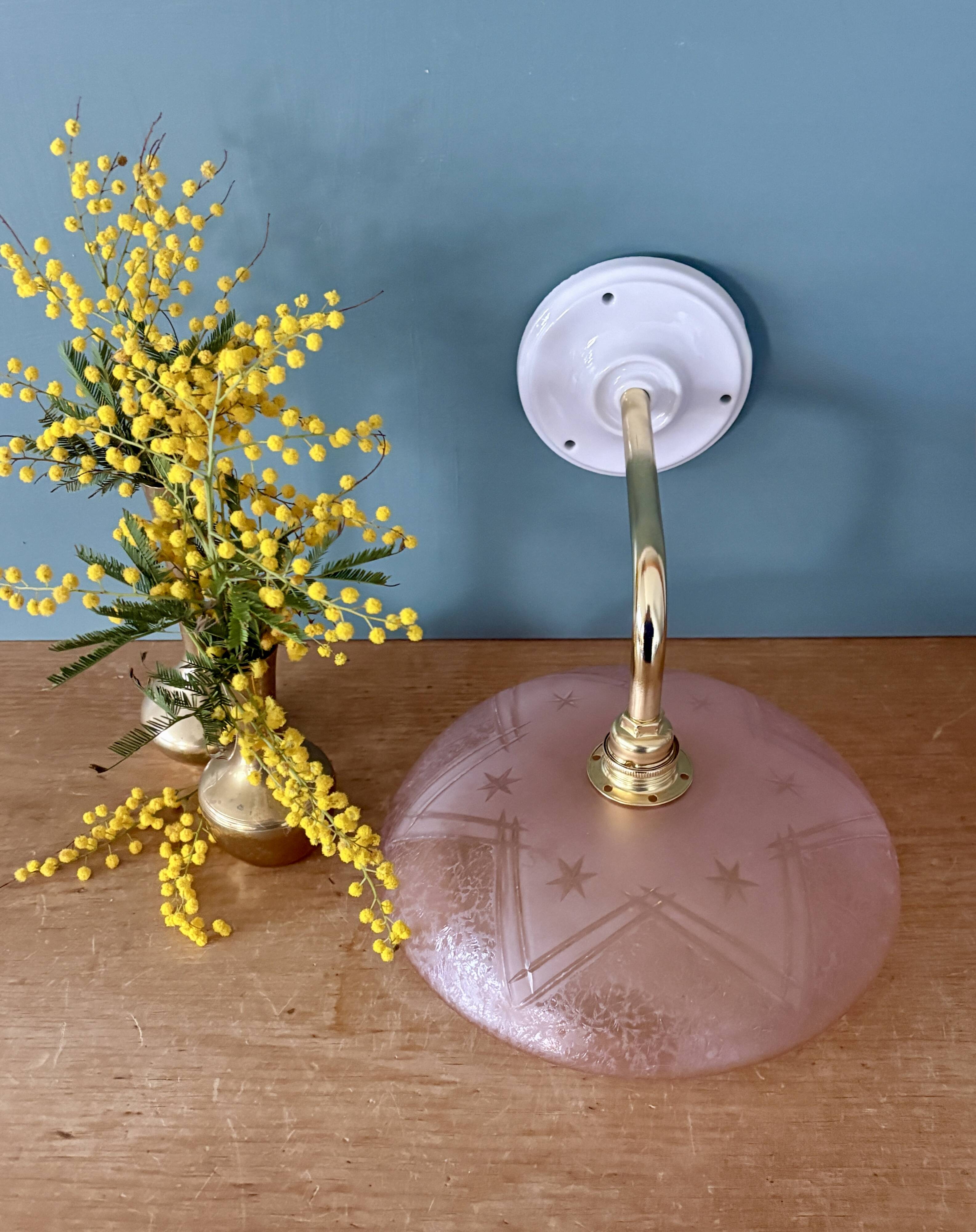 Vintage pink frosted glass wall lamp with elbow arm