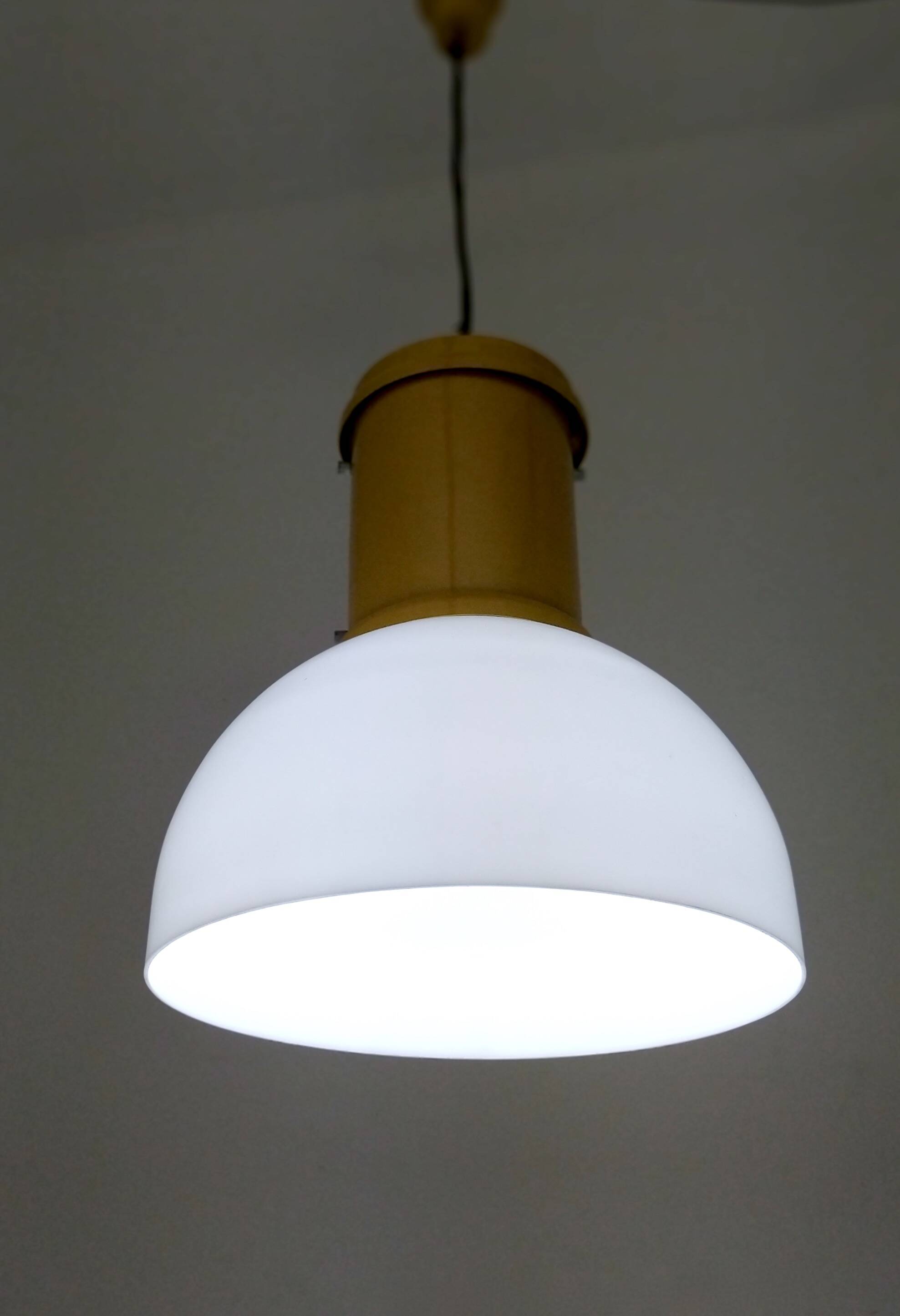 Industrial White Plexiglass and Yellow Varnished Aluminum Pendant, Italy