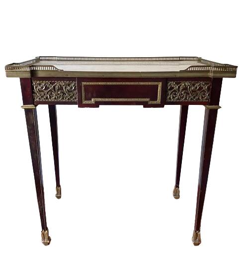 Living room table, Louis XVI style desk in wood, marble and brass