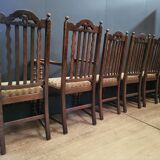 Lot suite de 4 chaises et 2 fauteuils en chêne sculpté, pieds en bobine, années 1900