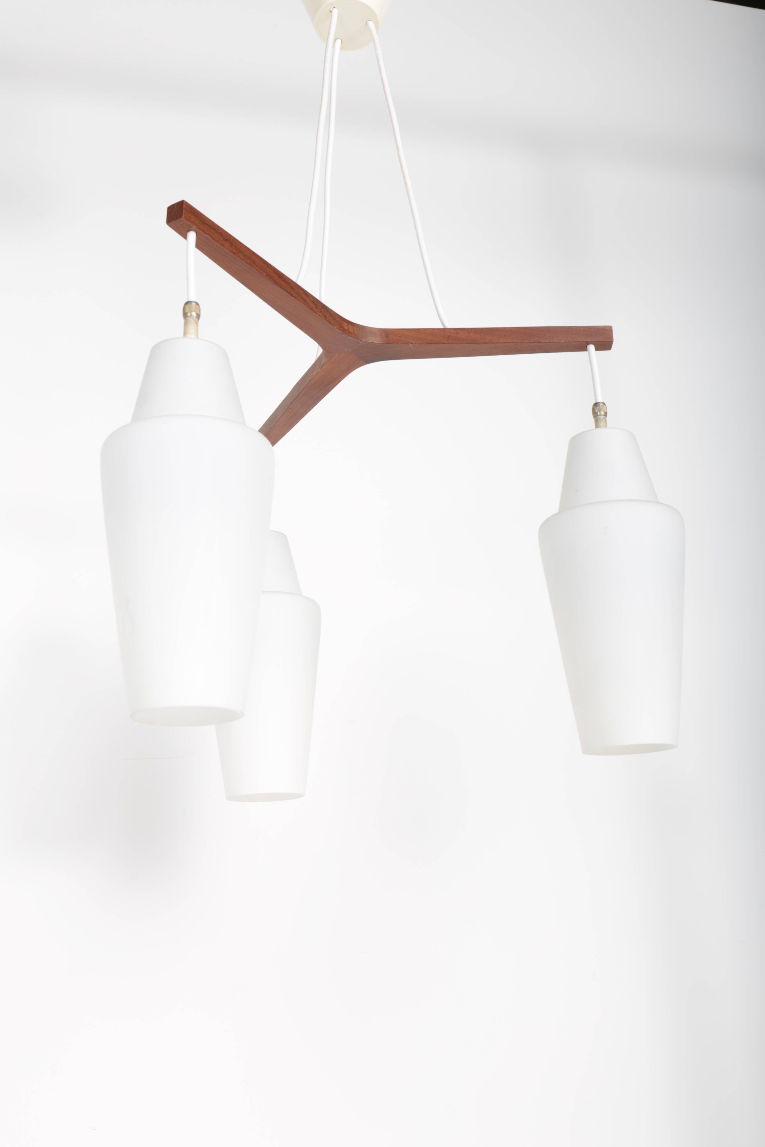Scandinavian teak and opaline chandelier, Philips, 1960s