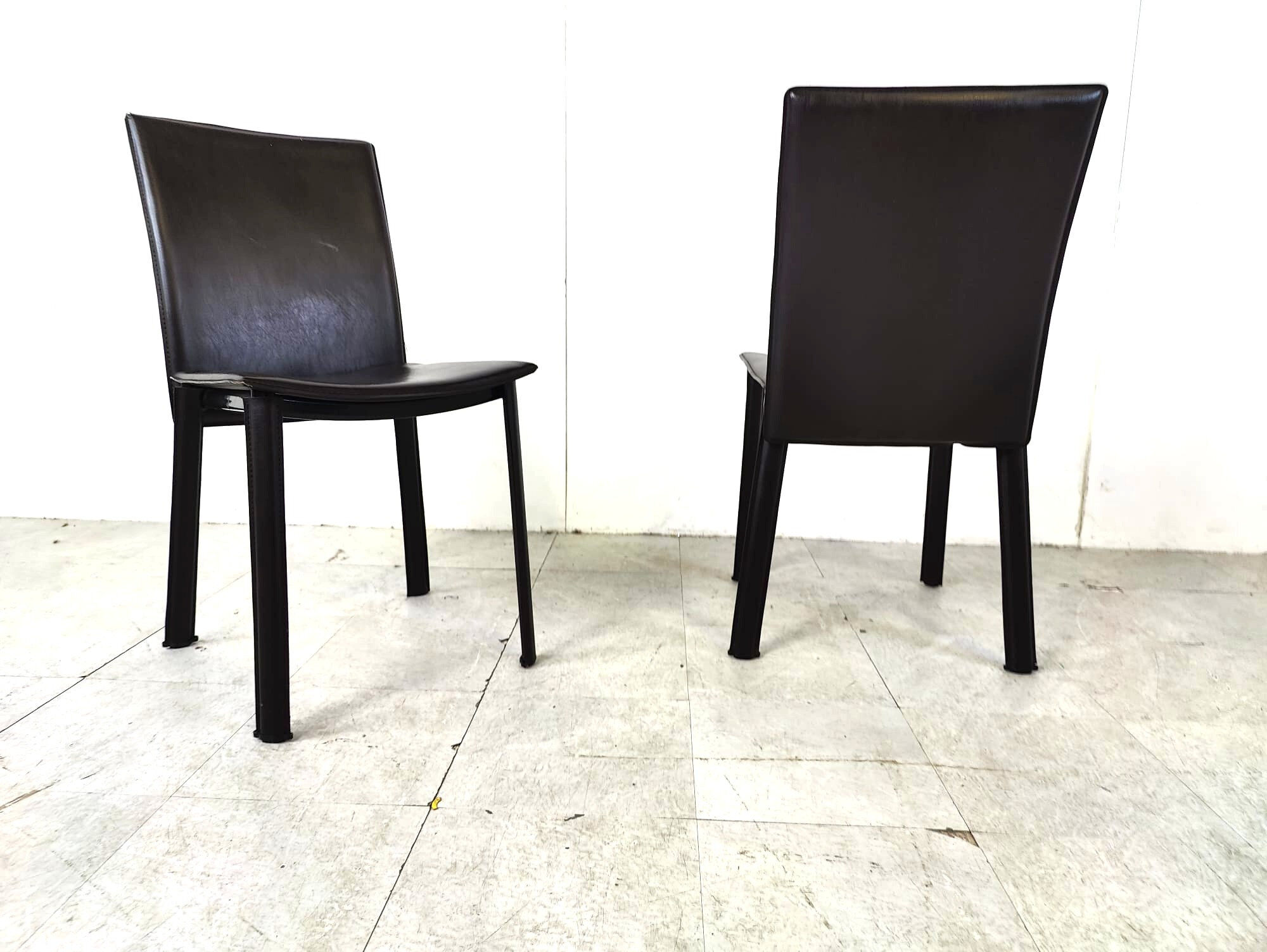 Dark brown leather dining chairs, set of 6 - 1980s