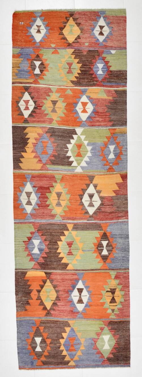 3x10 Geometric Multicolor Turkish Kilim Runner Rug,Rug For Hallway,95x295Cm