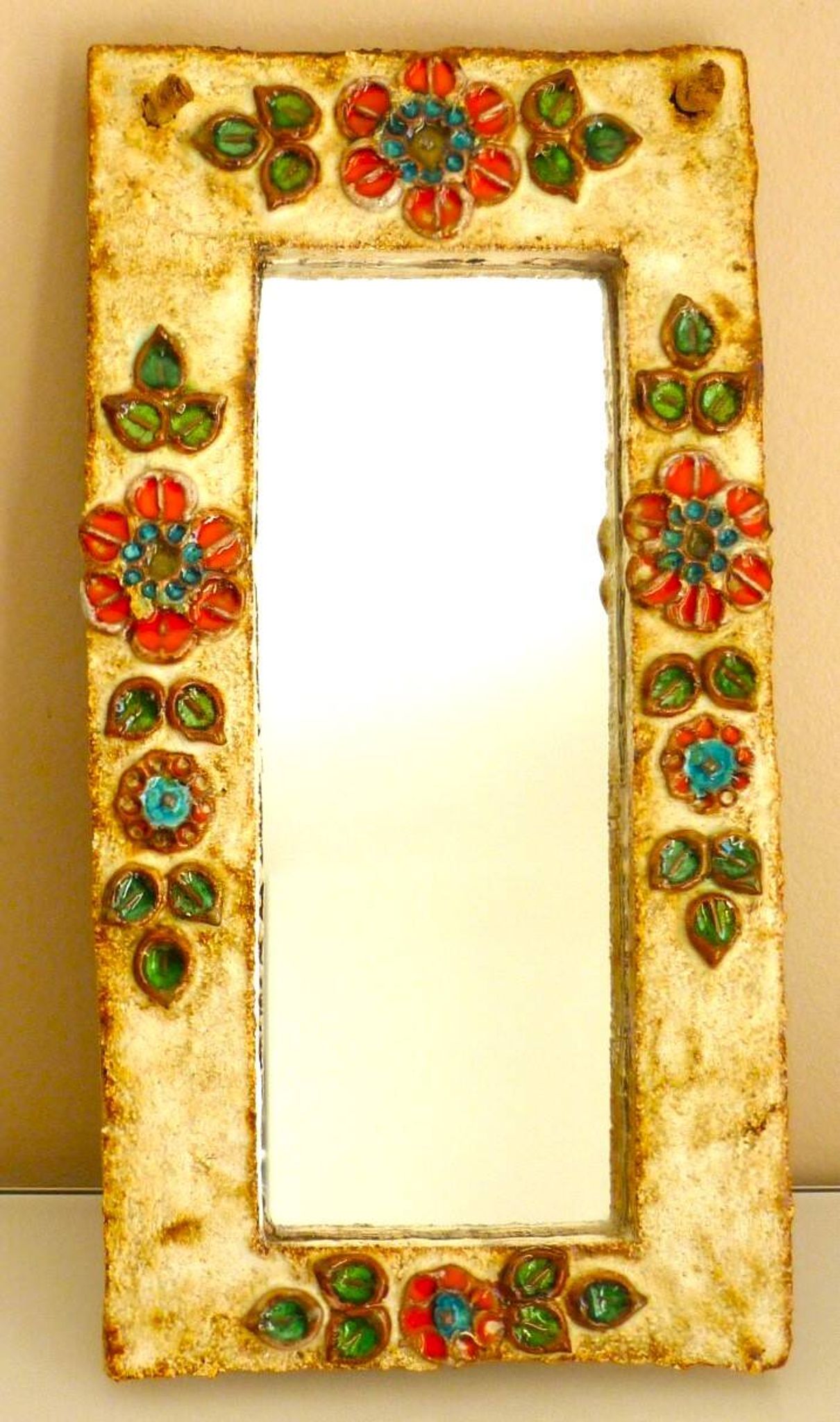 Wall mirror, glazed ceramic, signed La Roue Vallauris, vintage, 31.5 cm