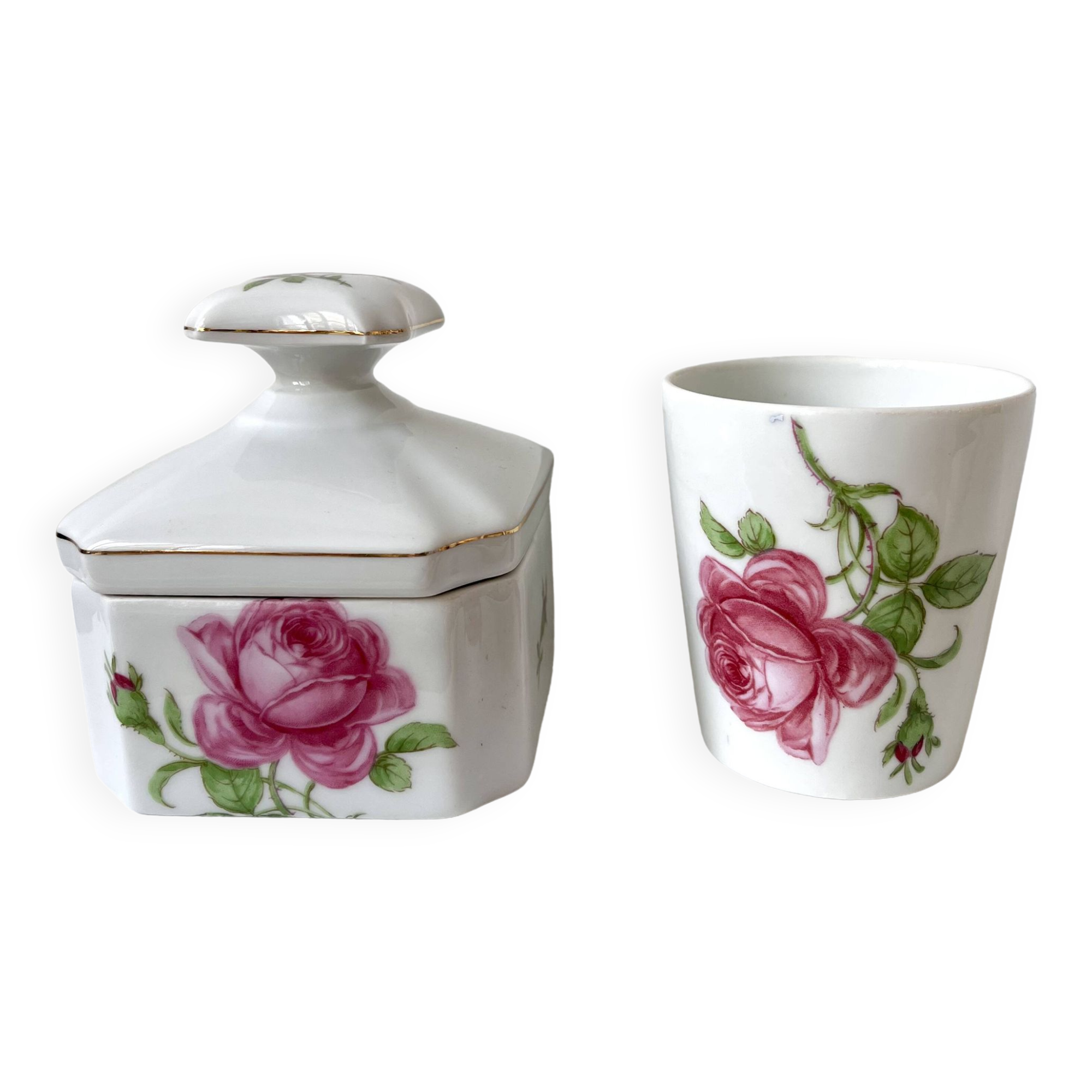 Limoges porcelain toiletry bottles decorated with roses