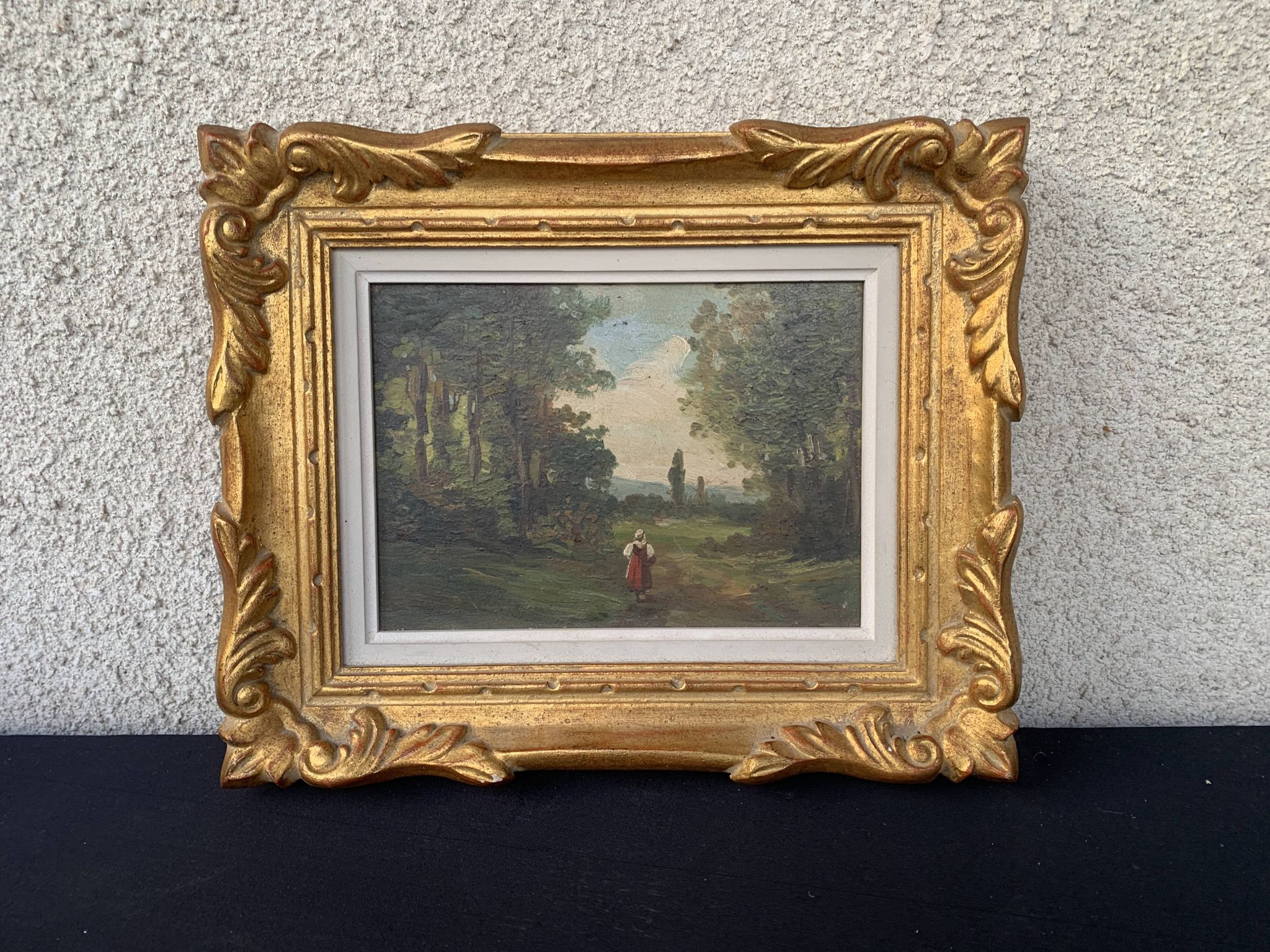 Painting French school 19th century oil on panel woman in undergrowth Old frame
