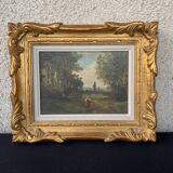 Tableau Ecole française XIXème huile sur panneau femme en sous bois Cadre ancien