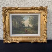Painting French school 19th century oil on panel woman in undergrowth Old frame