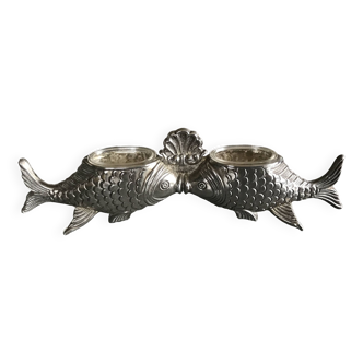 Support salière et poivrière couple de poissons en métal, design italie