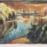 Large oil on panel "La Pirogue"