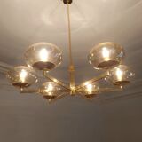 6-light chandelier by Italian designer Gaetano Sciolari gilded with fine gold and iridescent and light amber glass - 1970s - Vintage