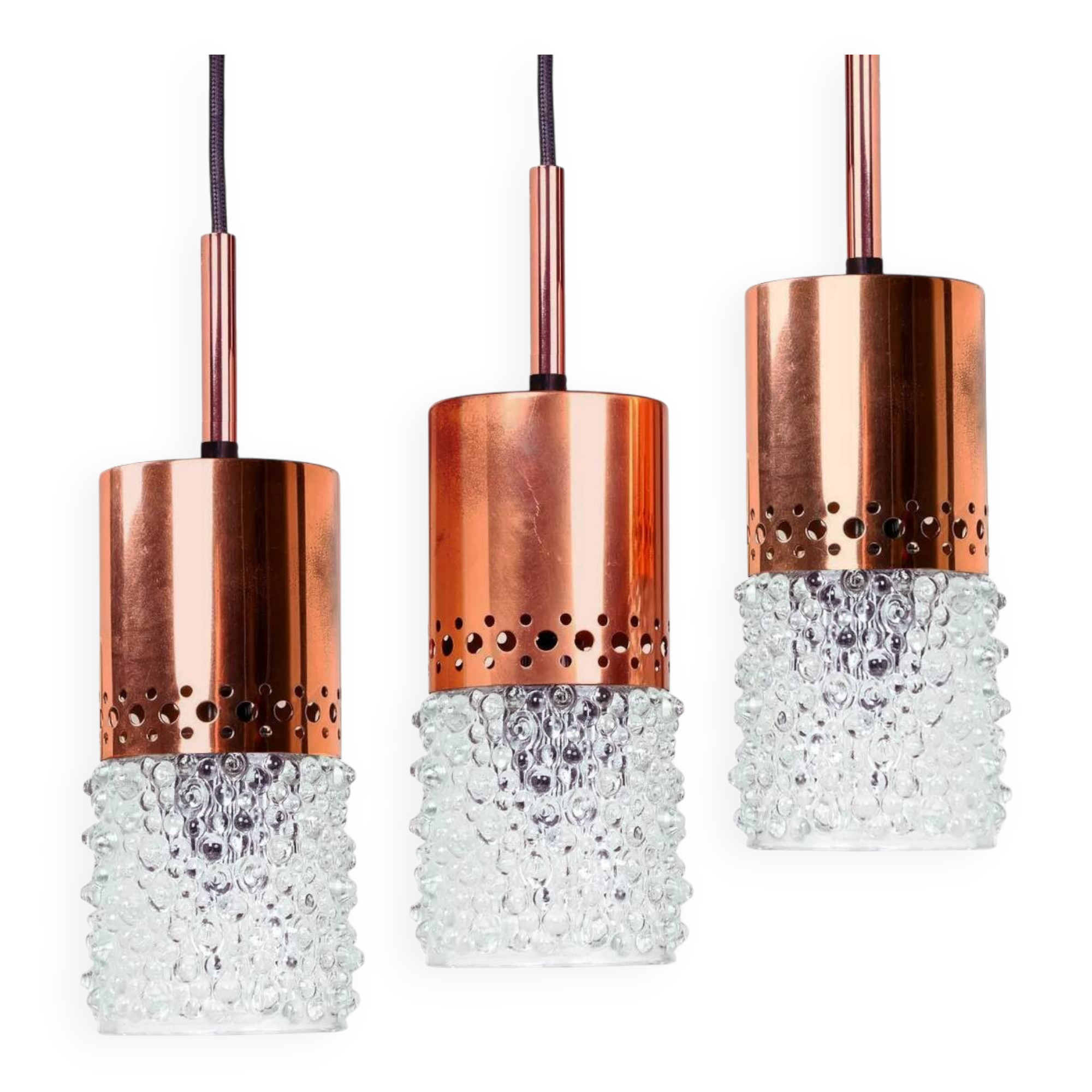 Set of 3 copper and bubble glass pendant lights by VEB NARVA Leuchten, ann