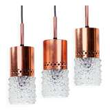 Set of 3 copper and bubble glass pendant lights by VEB NARVA Leuchten, ann