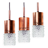 Set of 3 copper and bubble glass pendant lights by VEB NARVA Leuchten, ann