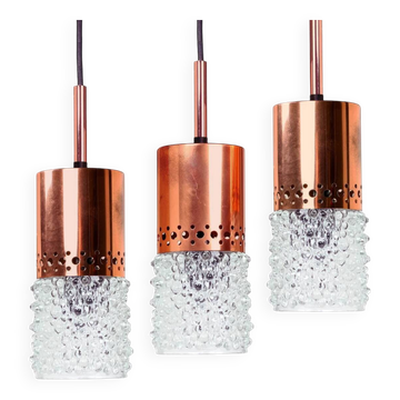 Set of 3 copper and bubble glass pendant lights by VEB NARVA Leuchten, ann