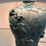 Handmade French ceramic lamp with ivy & frogs in turquoise glaze with gold accents