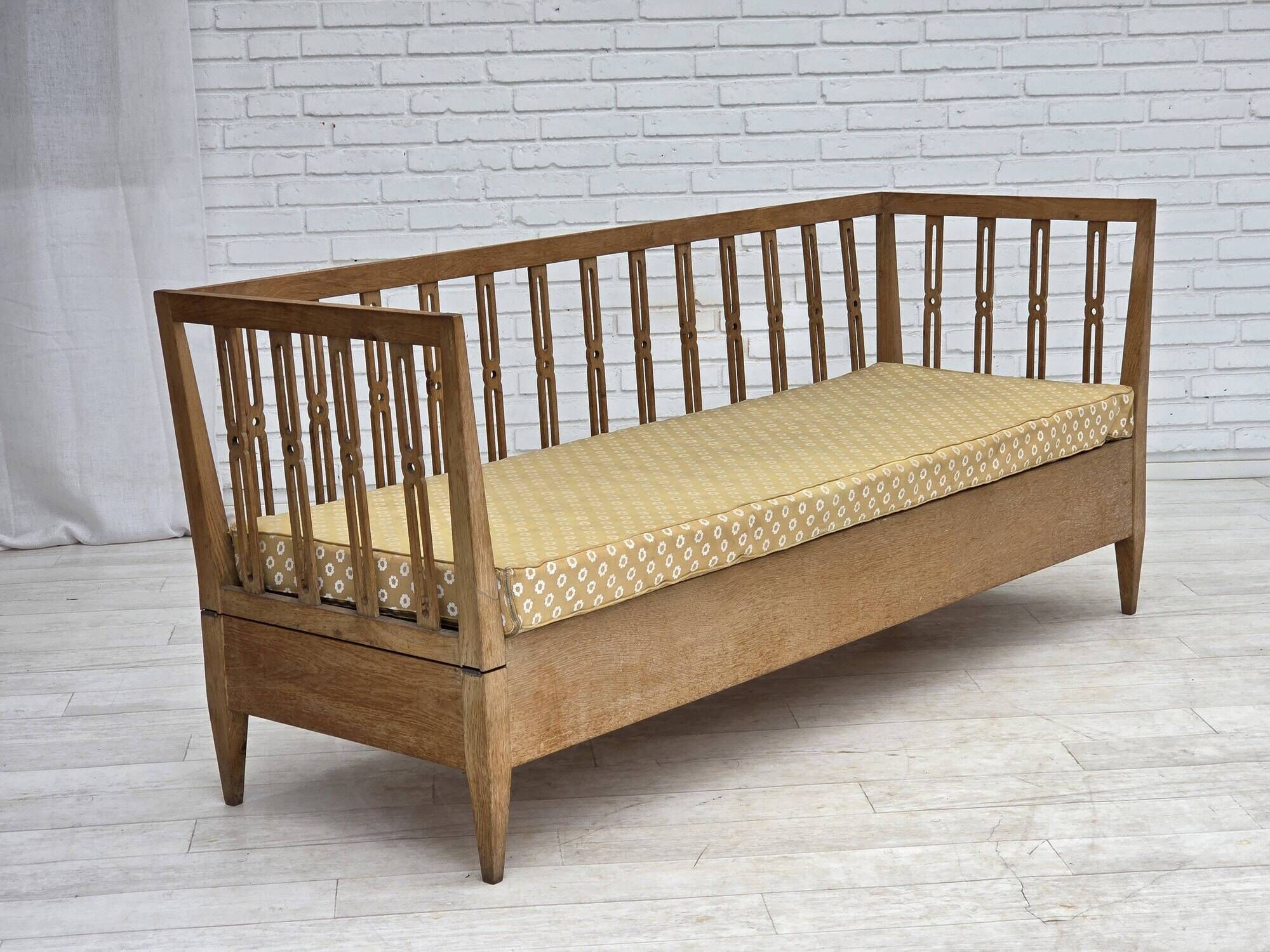 1970s, Swedish drop arm sofa/daybed, furniture fabric, oak wood.