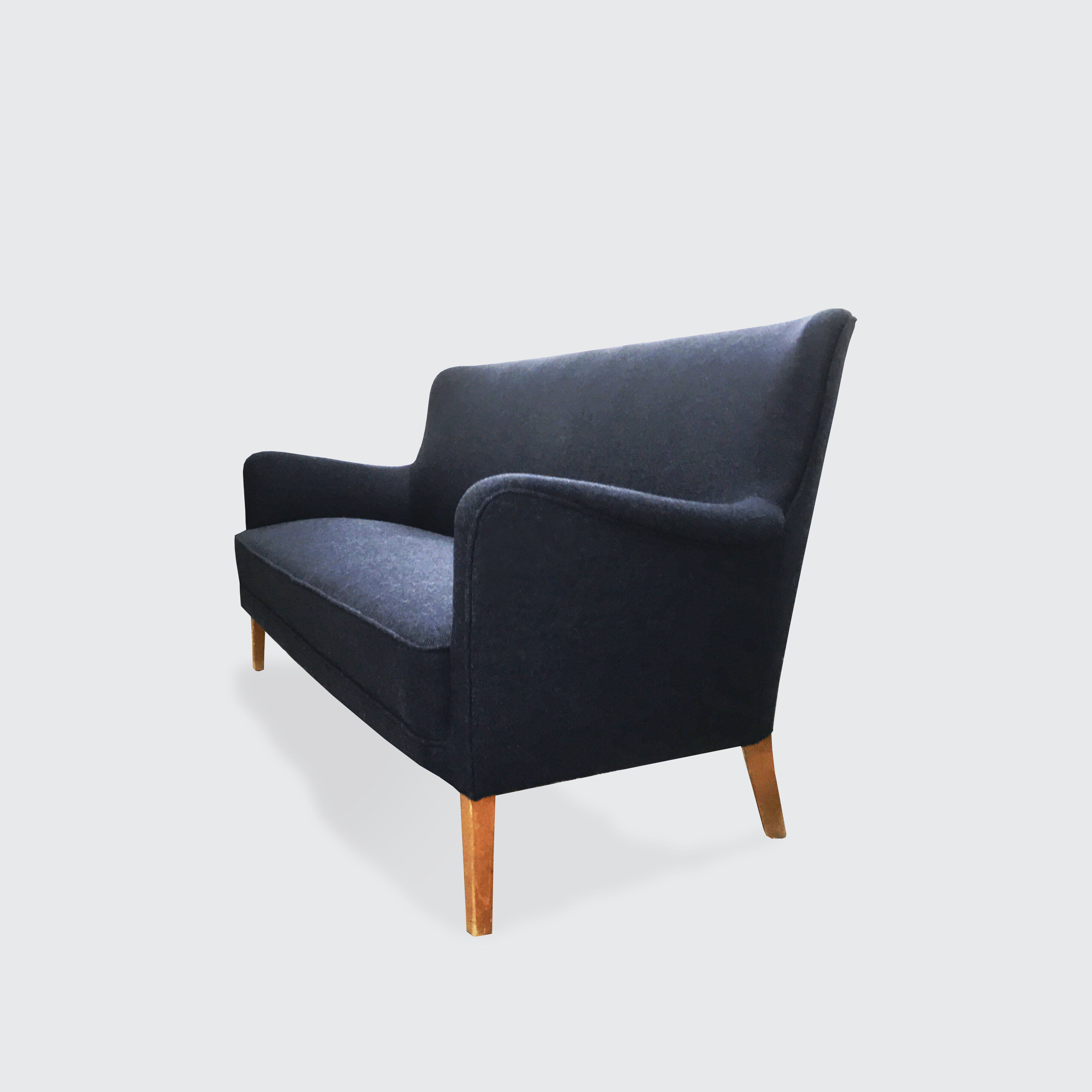 1940s three-seater sofa reupholstered in blue wool